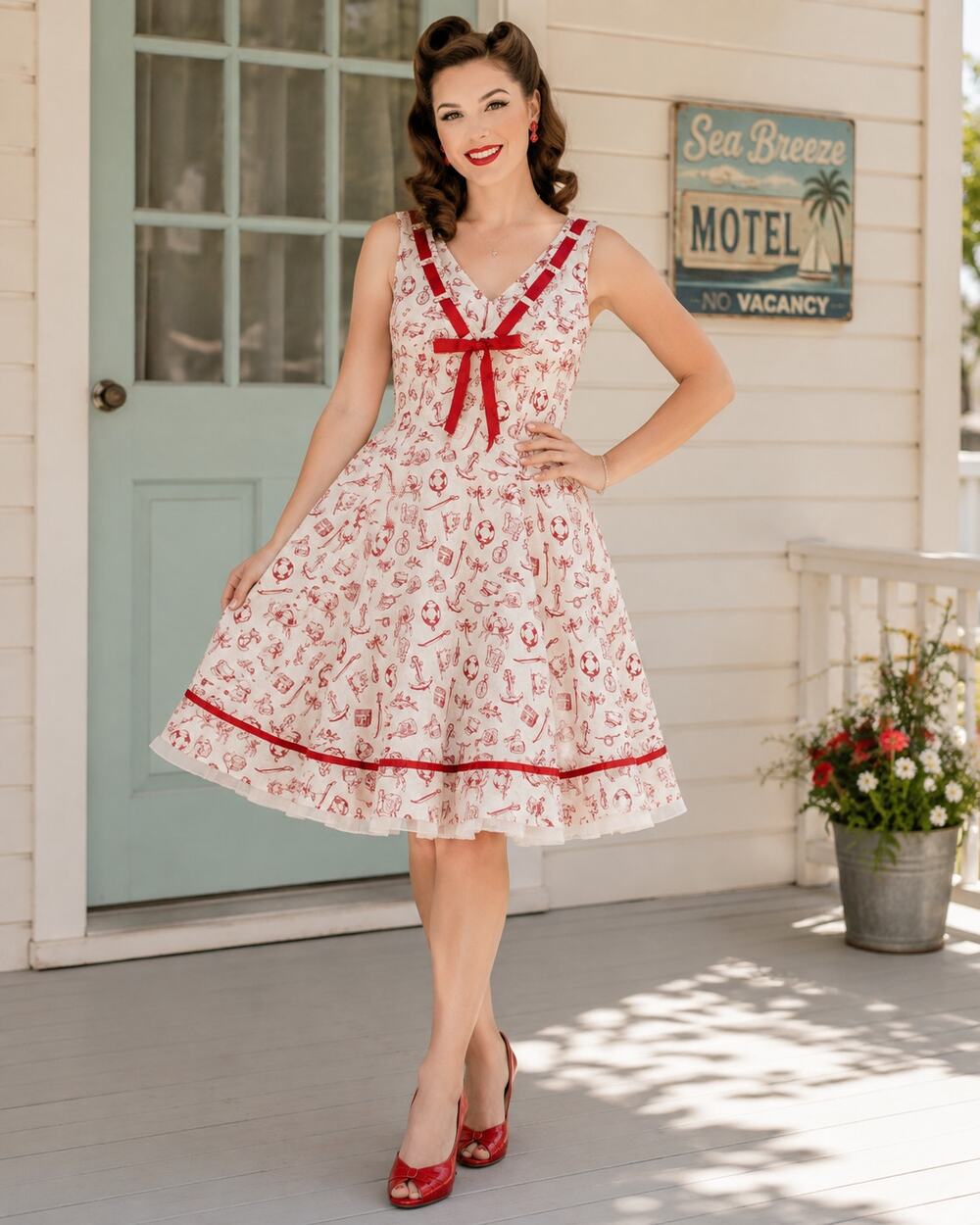 Hell Bunny Red White Nautical Print Fit & Flare Dress Womens XL Rockabilly NWT